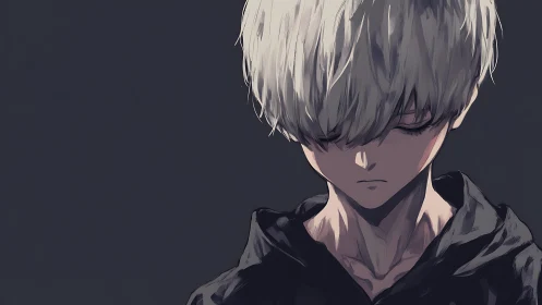 Brooding white haired anime boy stands alone in shadowed gloom