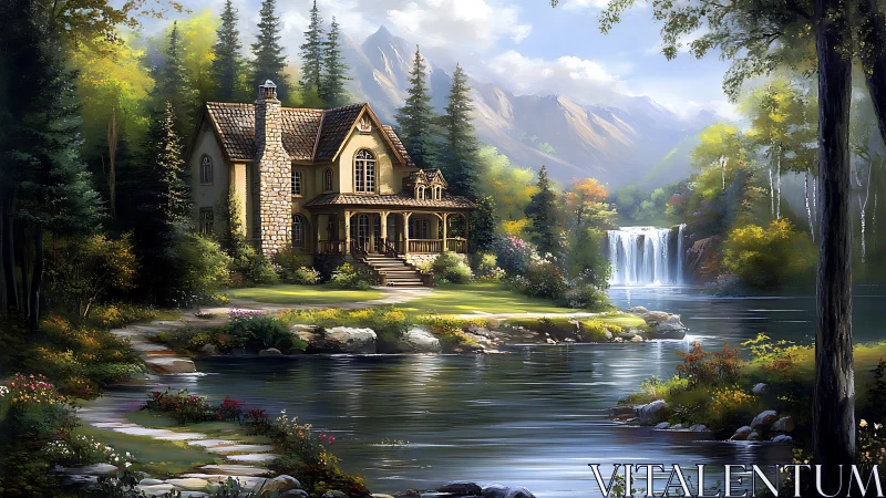 Lakeside stone cottage amid conifer forest and distant waterfall