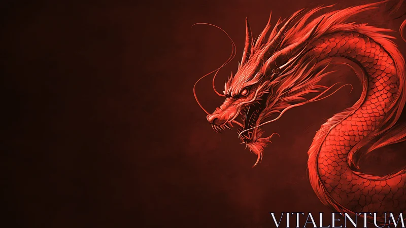 Fiery red dragon coils against dark smoke-filled void.