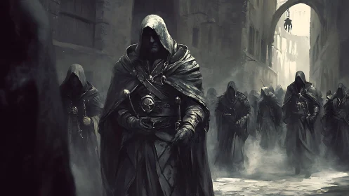 Hooded robed cultists walk through dark foggy alleyway.