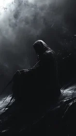 Hooded shadow listens to storms whisper along the void