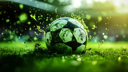 High-impact soccer ball impact disperses wet turf and green debris