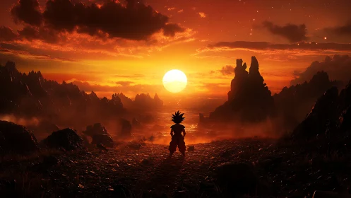 Solitary warrior silhouette under blazing alien sunset.