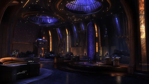 Futuristic control hall shows curved architecture and blue light