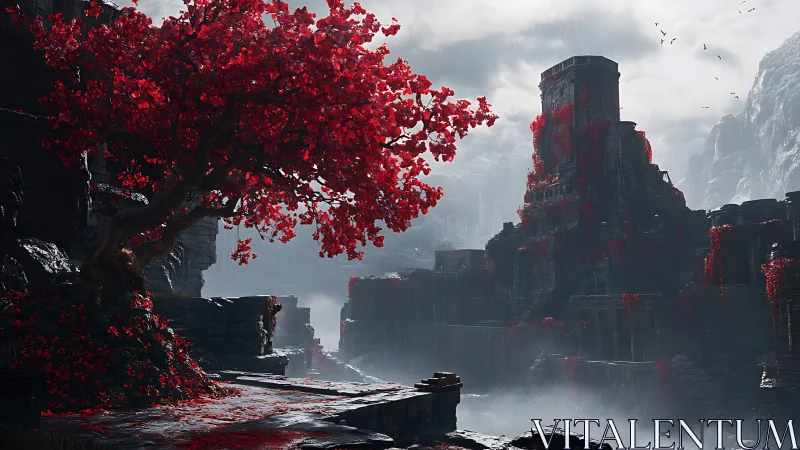 Crimson tree guarding rain-soaked ruins in ghostly mist.
