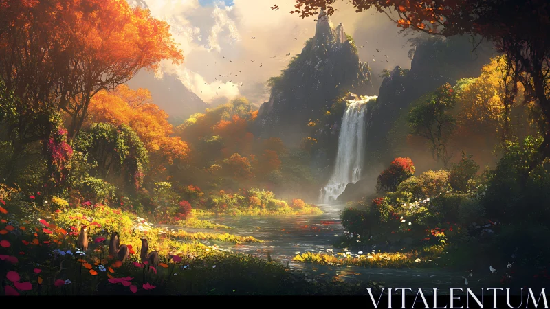 Mountain waterfall amid dense autumn forest and river valley.