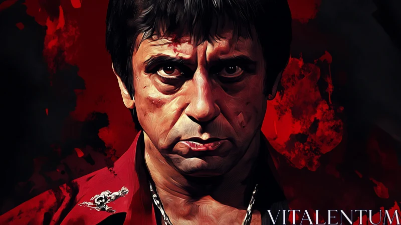 Digital portrait of stern male figure on red backdrop.