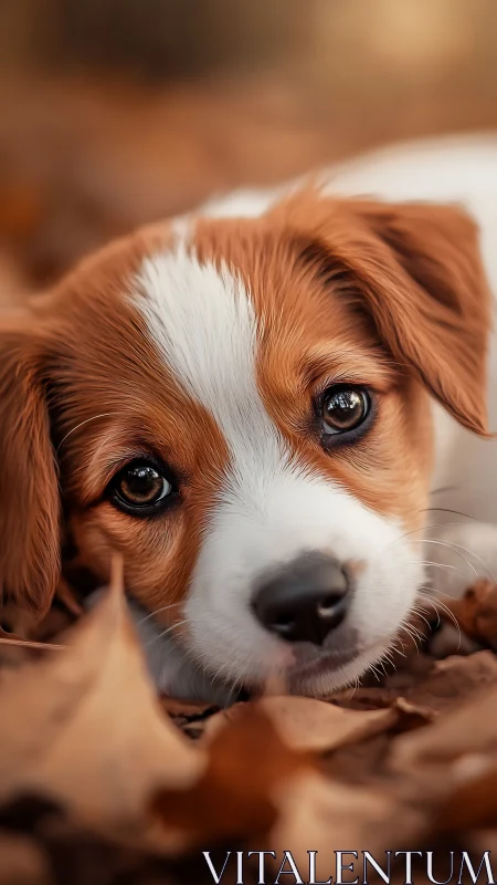 Photorealistic autumn puppy portrait in shallow depth of field.