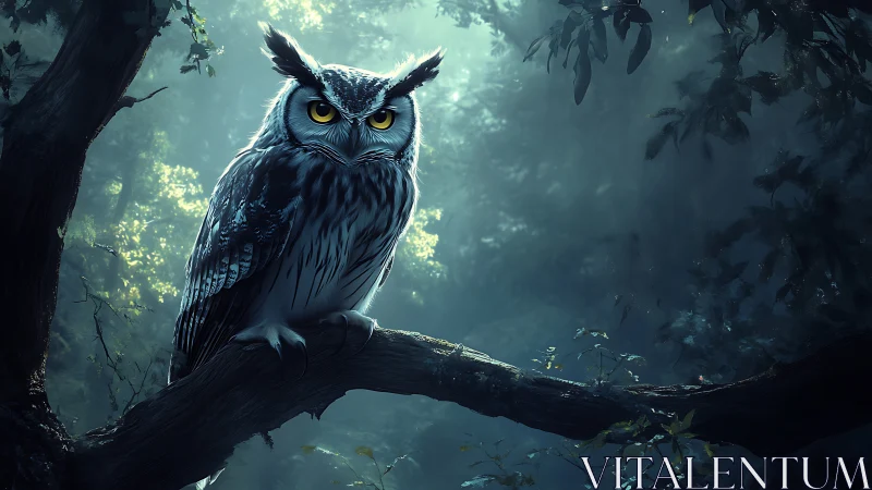 Majestic Owl on Branch in Enchanted Forest, Moody Digital Art.