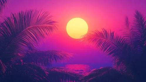 Neon tropical sunset with glowing sun over calm ocean.