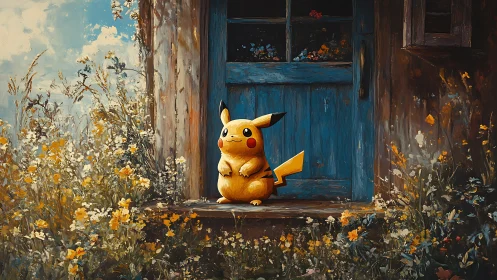 Pikachu resting by rustic blue door in wildflower garden.