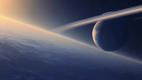 Ringed gas giant eclipsing star above icy exoplanet horizon