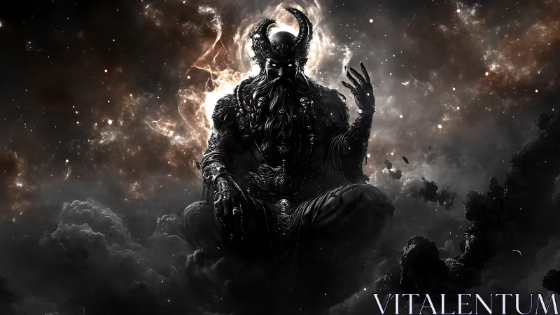 Cosmic horned deity seated in swirling nebular shadows