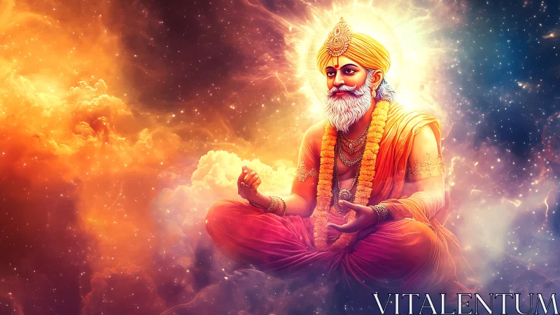 Cosmic sage meditates within radiant orange starfield glow