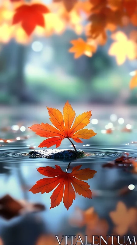 Red maple leaf on still water with soft autumn bokeh.