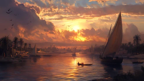 Sunlit river sails drift home beneath embers of desert sky