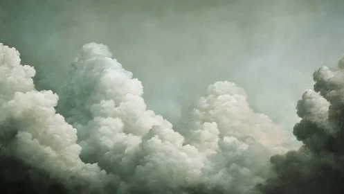 Billowing cloud towers rise softly into a calm pale sky