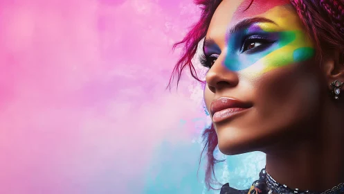 Vibrant digital portrait renders iridescent neon facial makeup