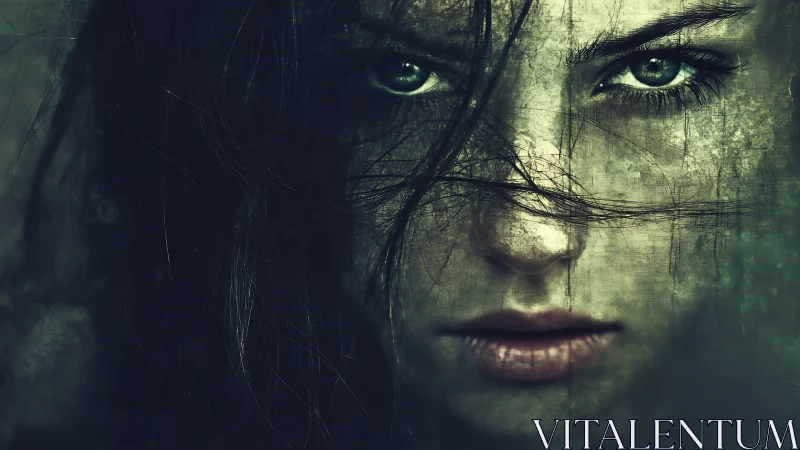 Haunting green eyes framed by windblown hair and shadowed light.