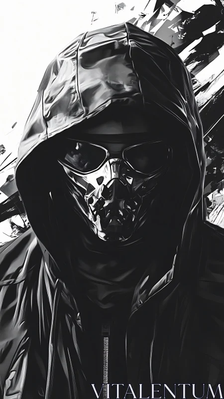 Hooded figure in reflective mask and jacket, monochrome study.