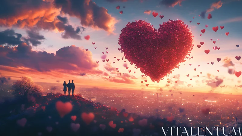 Three Figures Gazing at Giant Heart Among Clouds.