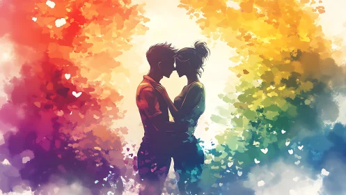 Two Figures Embracing in Rainbow Light.