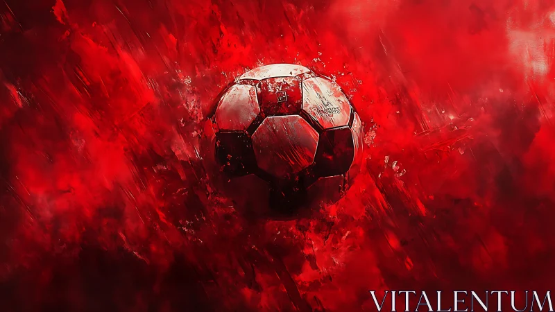 Burning red soccer ball bursts through swirling abstract smoke