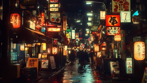 Neon-soaked alleyway wanderings on a rainy city night.