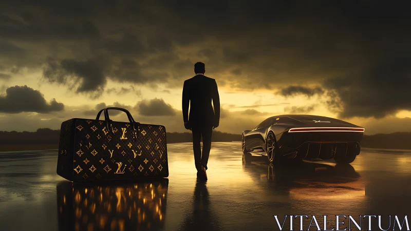 Silhouetted man, luxury bag and supercar under stormy sunset