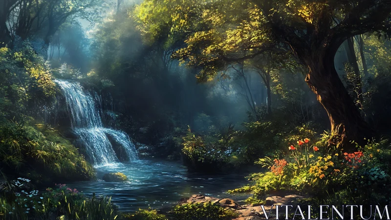 Enchanted Forest Waterfall. Golden Light Through Ancient Trees.