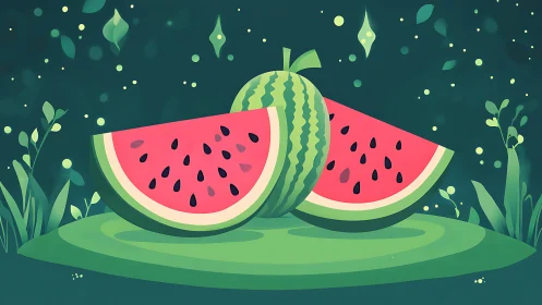 Digital painting of stylized watermelon still life in forest.
