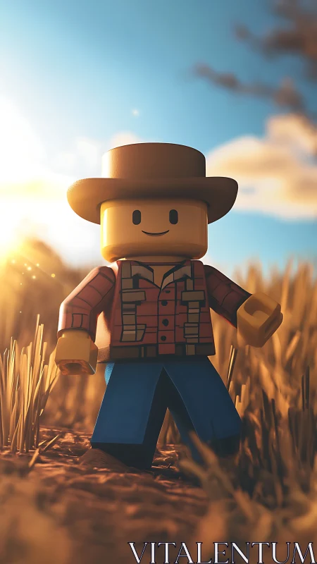 Sunlit plastic cowboy minifigure in shallow-depth wheat field