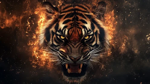 Roaring tiger head emerges from swirling inferno in darkness