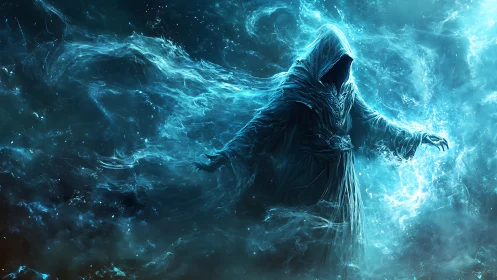 Mystical hooded mage wrapped in glowing blue cosmic magic.