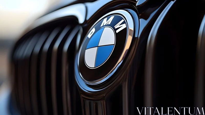 Close-up of BMW Car Emblem on Glossy Black Grille, Modern Style.