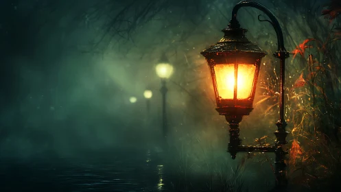 Moody forest lantern path in atmospheric digital painting.