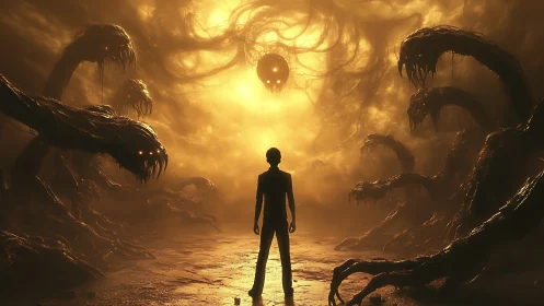 Silhouetted figure confronts tentacled horrors in infernal glow