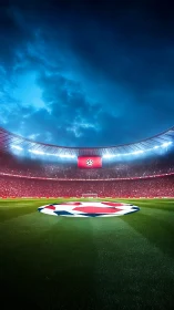 Floodlit football stadium glows under dramatic storm sky.