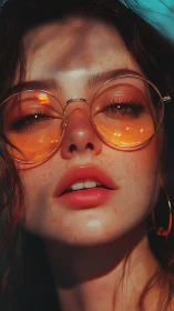 Close portrait shows woman with orange glasses in warm light