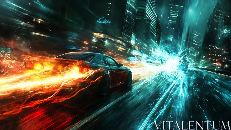 High-velocity sports car with volumetric fire trails in neon rain