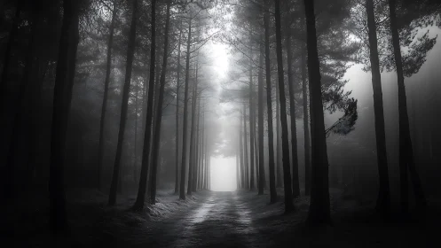 Monochromatic Forest Corridor: Vanishing Point Perspective.