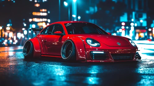 Red modified Volkswagen sports car on wet city street at night.