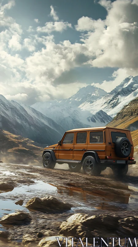 Orange off-road vehicle traverses wet mountain track