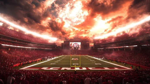 Digital football arena under fiery cinematic sky at sunset.