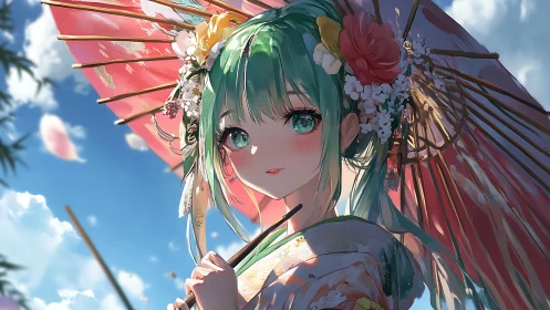 Green haired anime girl in kimono with pink parasol outdoors.