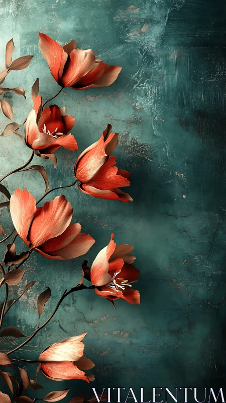 Coral Tulips Against Teal Distressed Surface