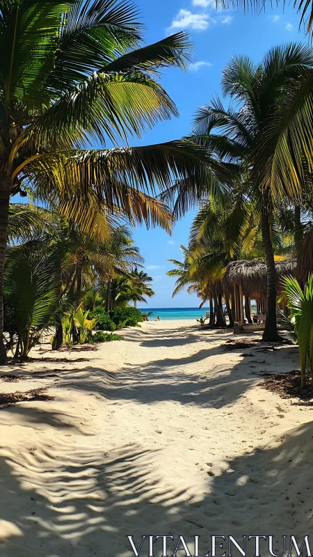 Tropical beach pathway lined with palm trees and turquoise water