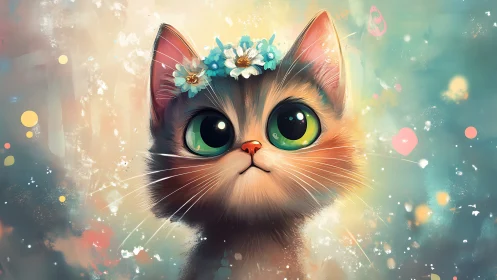 Luminescent Cat with Floral Crown in Soft Ethereal Setting