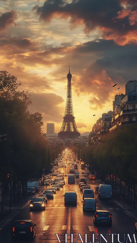 Sunset city traffic leading toward Eiffel Tower in Paris.