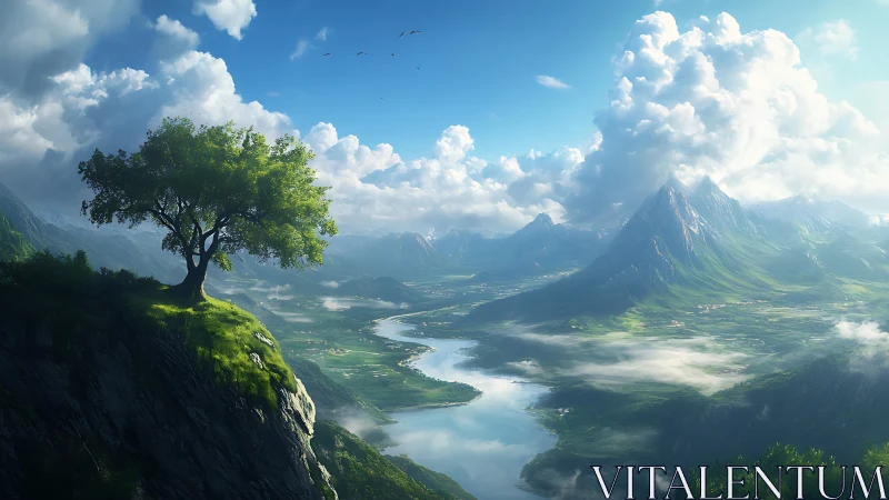 Sunlit cliff tree watching over a winding dreamlike valley.